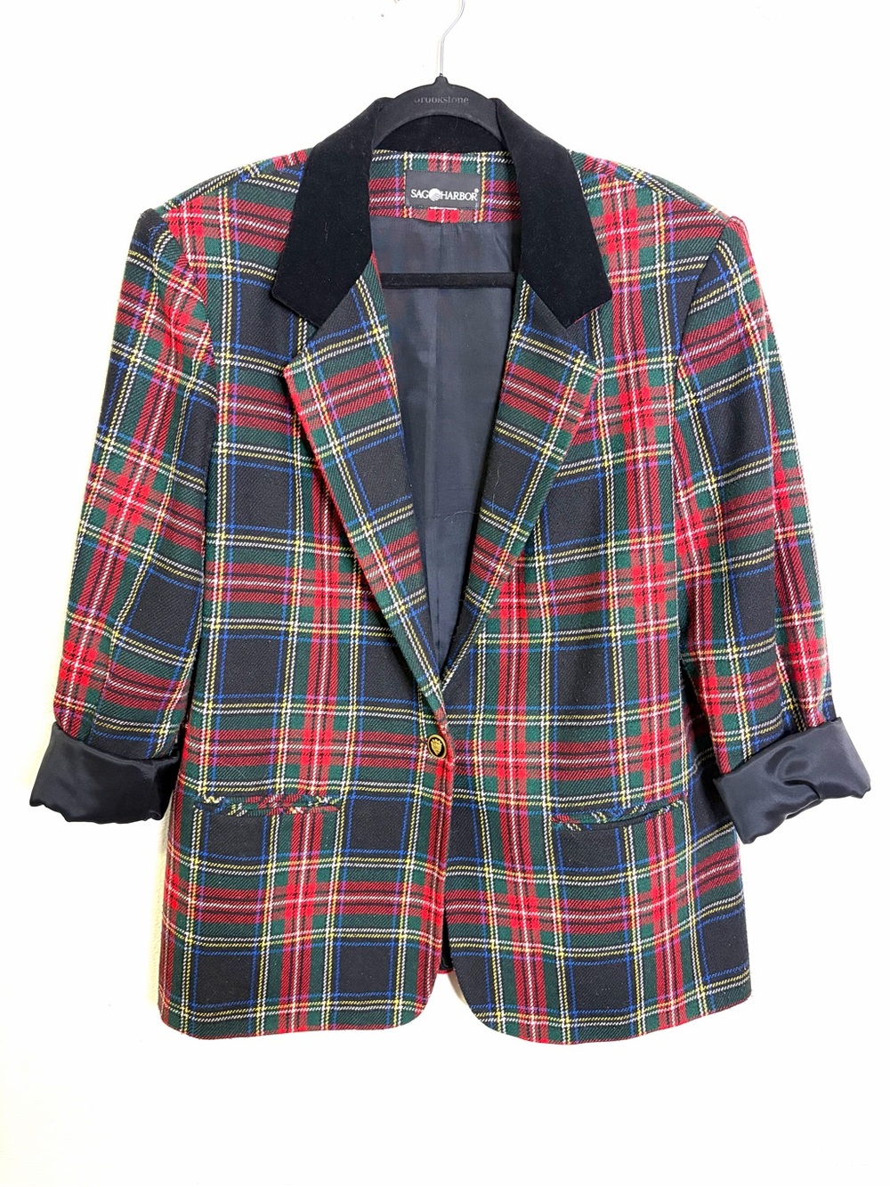Plaid 90s vintage wool Blazer Black velvet Collar jacket XL tartan checks